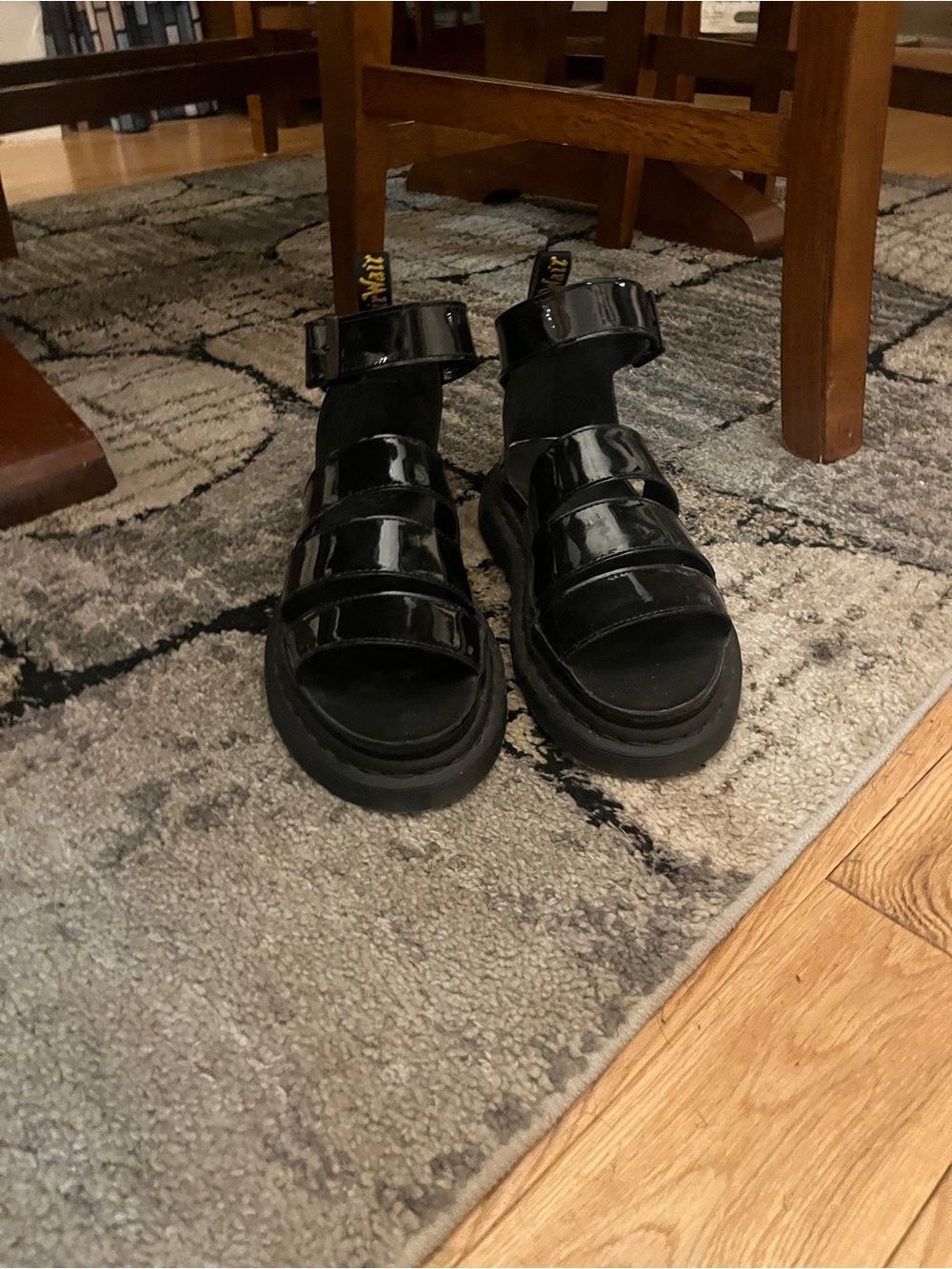 Dr. Martens Black Patent Leather Triple-Strap Sandals